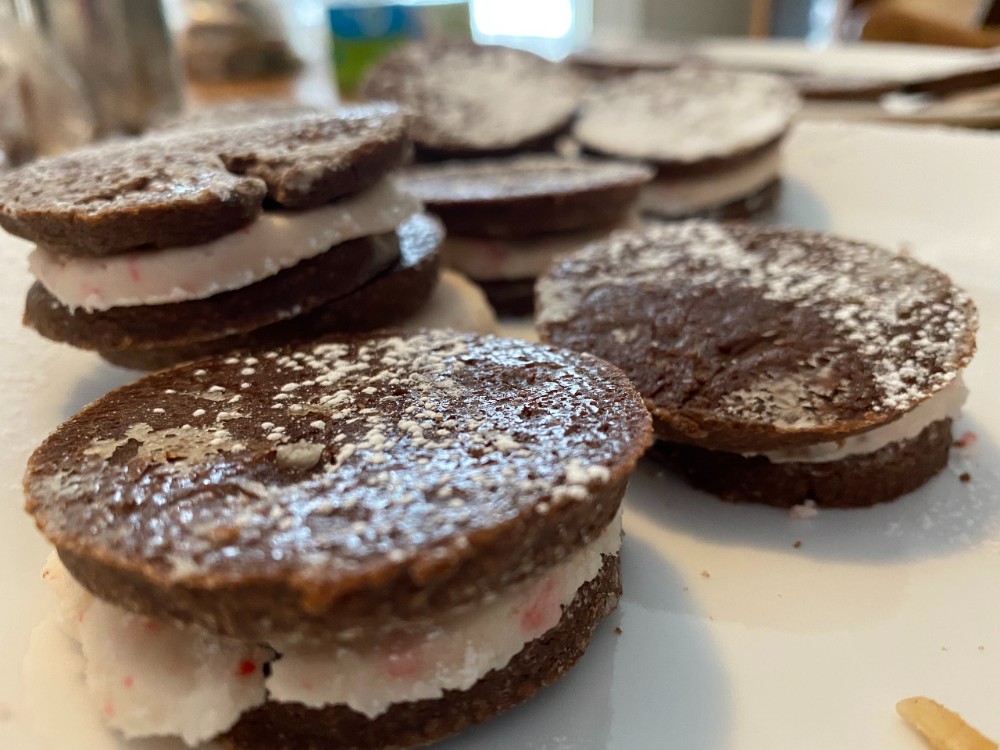 Homemade chocolate sandwich cookies with peppermint creme filling.
