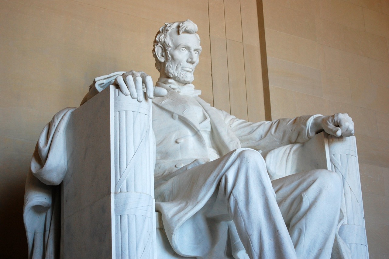 The statue at the center of the Lincoln Memorial.