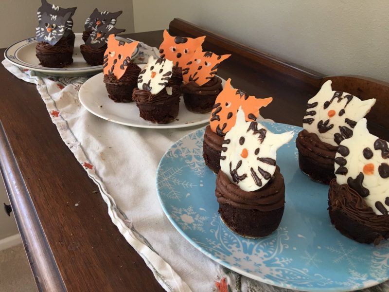 Chocolate cupcakes with black, orange and white cats on top, make of candy melts.