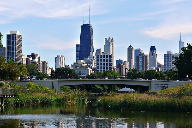 The Chicago skyline, with the Chicago River in the foreground. (Photo by Sean Birmingham via Flickr/Creative Commons https://flic.kr/p/fXwoc6)