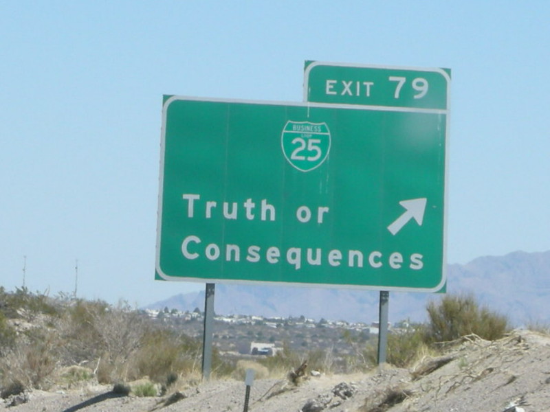 Road sign for the highway exit to Truth or Consequences, NM. (Photo by einalem via Flickr/Creative Commons https://flic.kr/p/4JdVU2)