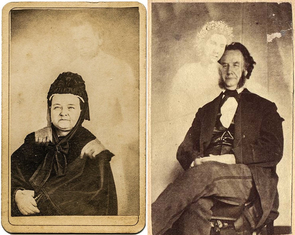 Two portraits by William Mumler with "spirits"; at left is Mary Todd Lincoln with the "spirits" of Abraham and Tad Lincoln; at right is Moses A. Dow, Editor of Waverley Magazine, with the spirit of Mabel Warren. (Photos via Wikicommons https://commons.wikimedia.org/wiki/Category:William_H._Mumler)