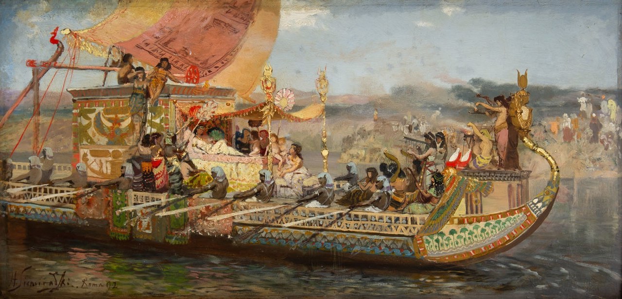 Cleopatra sailing across the Cygnus river for encounter with Marcus Antonius by Henryk Siemiradzki - desa.pl, Public Domain, https://commons.wikimedia.org/w/index.php?curid=112285211