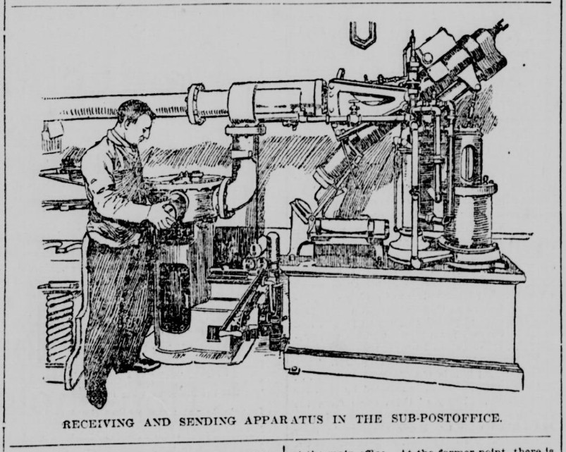 Drawing of a man operating New York's pneumatic mail network from the New York Tribune, April 11, 1897. Image from Chronicling America/Library of Congress via Wikicommons https://commons.wikimedia.org/wiki/File:Pneumatic-tube-mail-apparatus.png