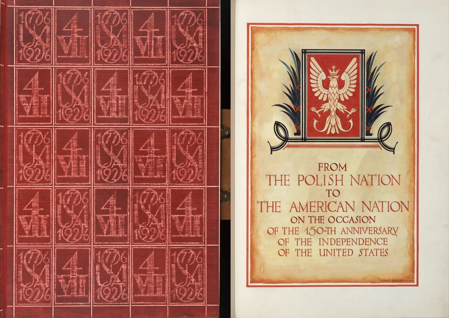 The cover and title page for the Polish declarations, which state "from the Polish nation to the American nation on the occasion of the 150th anniversary of the independence of the United States." (Library of Congress, Manuscript Division, Polish Declarations of Admiration and Friendship for the United States https://www.loc.gov/resource/pldec.001/?sp=3)