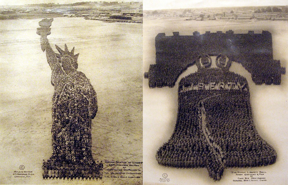 Two of the Mole and Thomas "people pictures." Left: thousands of soldiers make a Statue of Liberty. Right: thousands of soldiers make a Liberty Bell, complete with its signature crack.