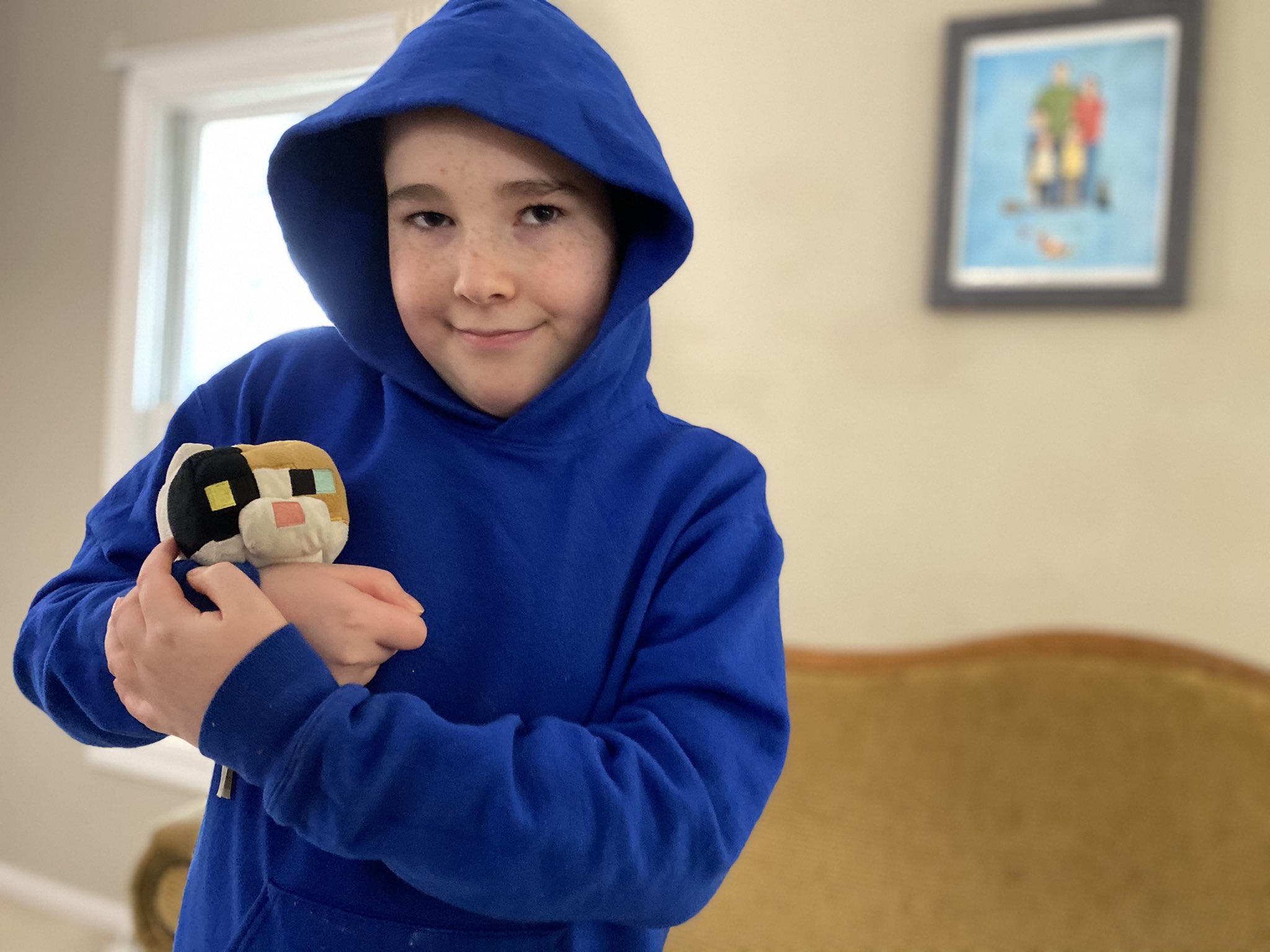 Ten year old with his plush Minecraft cat