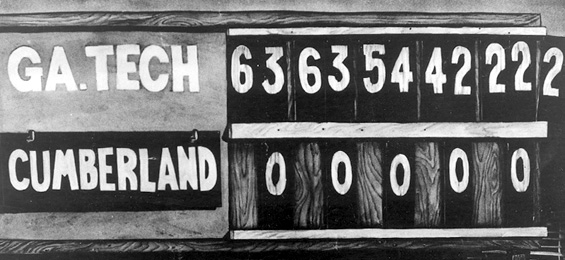 A photo reportedly from 1916 shows the scoring my quarter of the Georgia Tech-Cumberland football game. (Photo via Wikicommons https://commons.wikimedia.org/wiki/Category:Cumberland_vs_Georgia_Tech,_October_7,_1916#/media/File:GT_Cumberland_222_scoreboard.jpg)