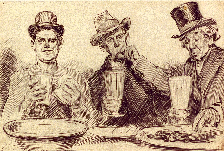 The drawing "Free Lunch" by Charles Dana Gibson shows three men drinking out of large tumblers, while sampling sandwiches and other food. Via Wikicommons https://commons.wikimedia.org/wiki/File:Free_lunch,_by_Charles_Dana_Gibson_(cropped).jpg