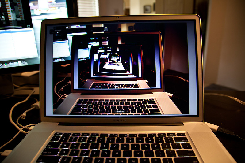 The background image on a computer monitor is the computer monitor itself, which has a computer monitor as its background image as well. There's an infinity effect. Photo by Travis Isaacs via Flickr/Creative Commons https://flic.kr/p/7ZGds1