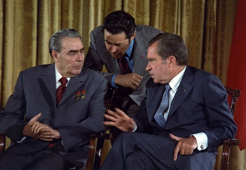 Richard Nixon meets Leonid Brezhnev June 19, 1973 during the Soviet Leader's visit to the U.S. (Photo via Wikicommons https://commons.wikimedia.org/wiki/File:Leonid_Brezhnev_and_Richard_Nixon_talks_in_1973_cropped.JPG)