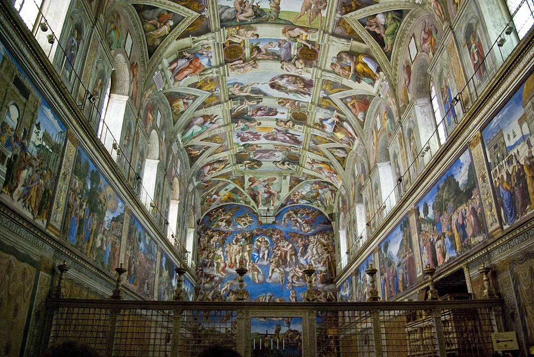 View from the west of the ceiling of the Sistine Chapel. By Antoine Taveneaux - Own work, CC BY-SA 3.0, via Wikicommons https://commons.wikimedia.org/wiki/Sistine_Chapel#/media/File:Chapelle_sixtine2.jpg
