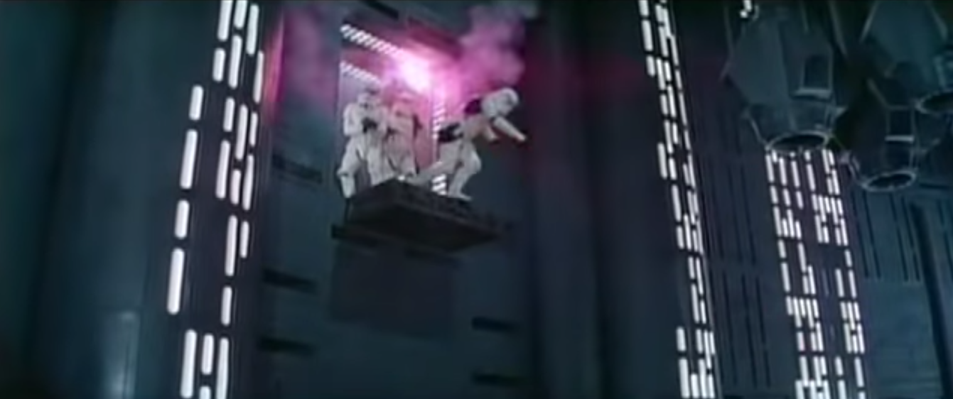 An Imperial Stormtrooper falls into a ventilation shaft on the Death Star after being blasted. This is about the time a viewer would hear the Wilhelm Scream in the original "Star Wars" movie.