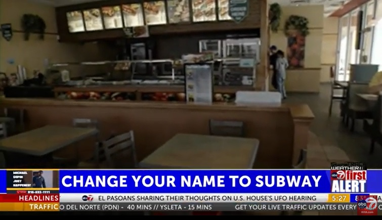 Chyron reads: "Change your name to Subway"