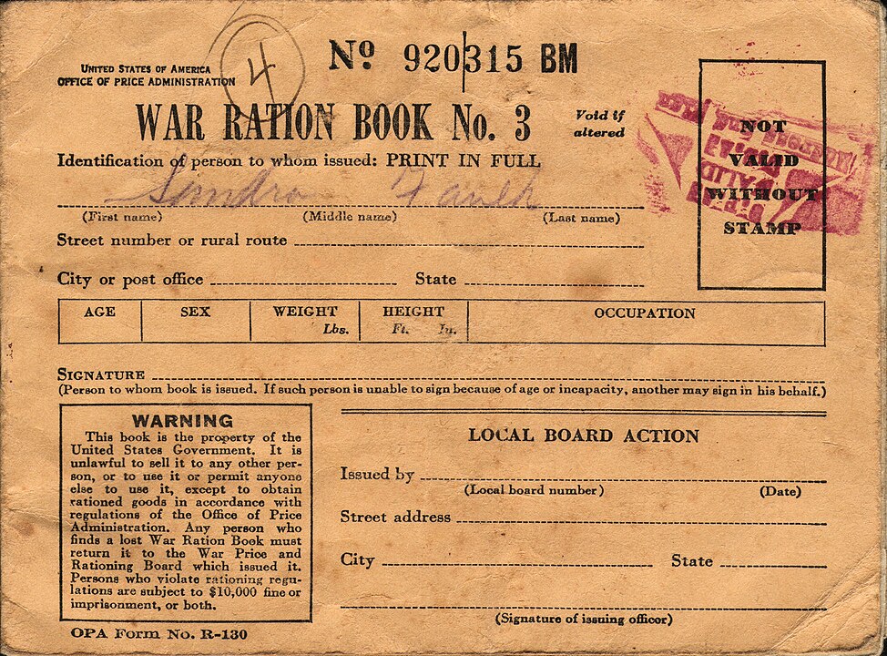 USA Ration Book No. 3 circa 1943, front. Image via Wikicommons https://en.wikipedia.org/wiki/Rationing_in_the_United_States#/media/File:WWII_USA_Ration_Book_3_Front.jpg