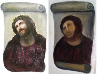 Images of the original Ecce Homo painting from the church in Borja and the attempted restoration. Images via Wikicommons https://en.wikipedia.org/wiki/Ecce_Homo_(Garc%C3%ADa_Mart%C3%ADnez_and_Gim%C3%A9nez)