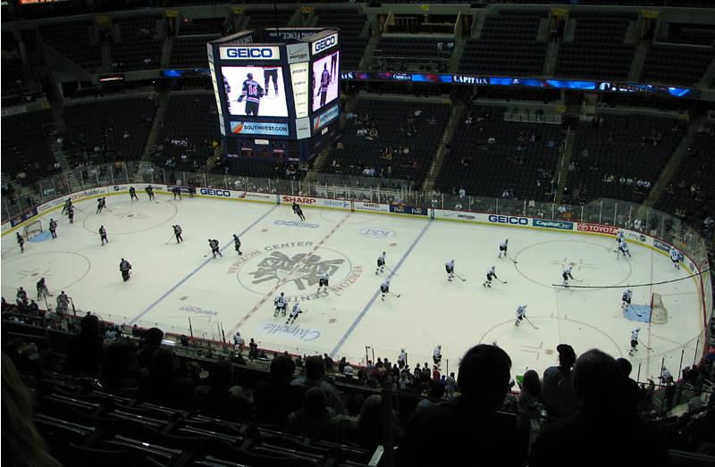 Players from the Washington Capitals and Pittsburgh Penguins skate ahead of a game in 2006. Photo by LollyKnit via Flickr/Creative Commons https://flic.kr/p/ui3Wu